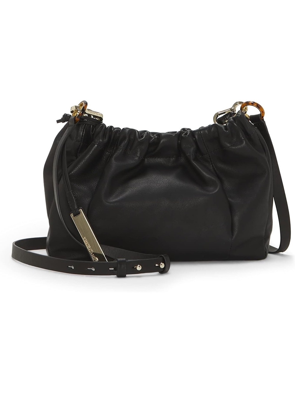 Vince Camuto Black Ruched Leather Shoulder Bag with Gold Hardware